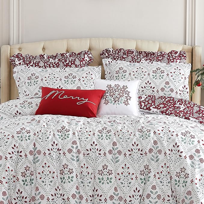 Southshore Fine Living, Inc. 7-Piece Christmas Comforter Set Cal King, Red & White Christmas Bedding King, Reversible Winter Comforter, Holiday Bedding, 4 Shams, 2 Throw Pillows - Holiday Harmony