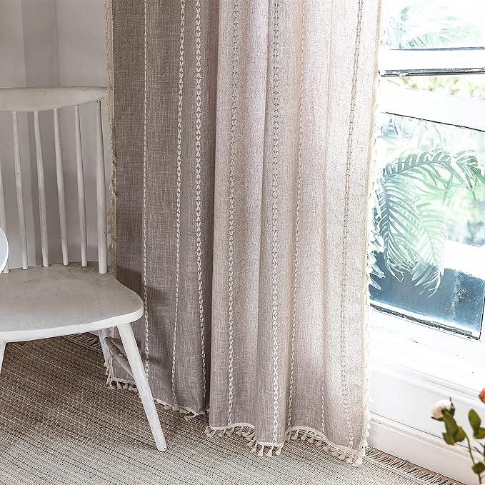 Deeprove Boho Curtain 84 Inches Length for Bedroom, Cotton Linen Weighted Taupe Stripes Embroidery, Semi Blackout Bohemian Retro Window Treatment Drape Tassels 1 Panel W52 x L84 Natural