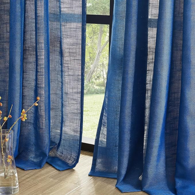 FMFUNCTEX Linen Semi Sheer Navy Blue Curtains for Bedroom Living Room, Blue Curtain Panels 84 Inches Long Sheer Linen Textured Window Drapes Farmhouse Light Filtering 2 Panels Rod Pocket