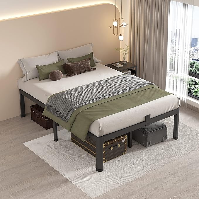 MAF 18 Inch Queen Bed Frames with Round Corner Legs Mattress Slide Stopper No Box Spring Needed Heavy Duty Metal Platform Bed Frame Under-Bed Storage Space, 3000 LBS Steel Slats Support