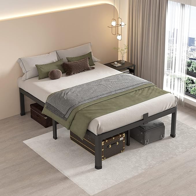 MAF 16 Inch Queen Bed Frames with Round Corner Legs Mattress Slide Stopper No Box Spring Needed Heavy Duty Metal Platform Bed Frame Under-Bed Storage Space, 3000 LBS Steel Slats Support