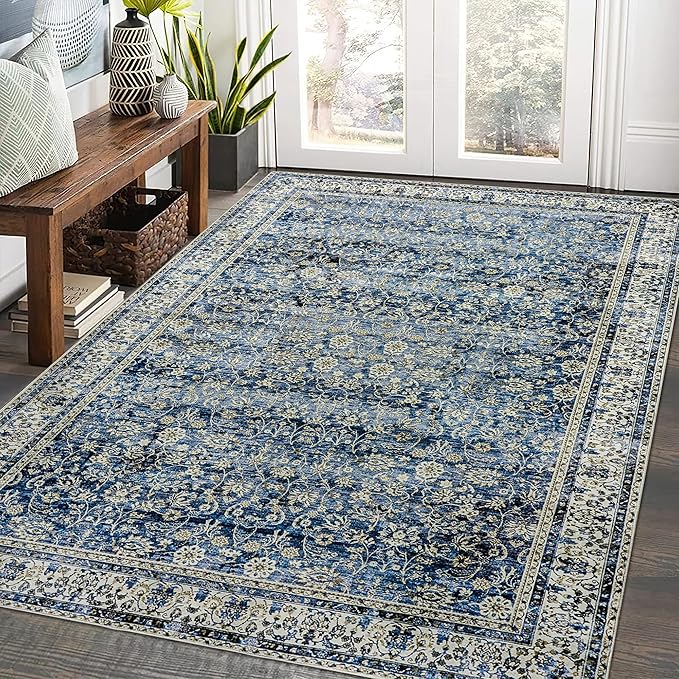 Distressed Carpet Multi Rug Blue Vintage Design Flower Area Rug 5x7 Cover Print Distressed Carpet Multi Rug Living Room Bedroom Dining Room