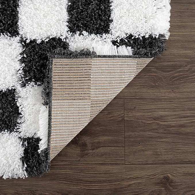 Hauteloom Atira Contemporary Checkered Fluffy Shag Runner Rug - Modern Geometric Carpet Tiles for Hallway, Hitchen - Plush Pile Carpet Squares - Black, White - 2'7" x 7'3"