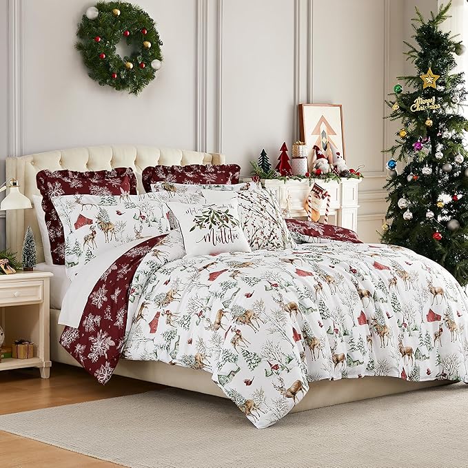 Southshore Fine Living, Inc. 5-Piece Reversible Christmas Comforter Set Twin/XL, Oversized Twin Christmas Bedding, Holiday Bedding, Winter Comforter, 2 Throw Pillows, 2 Shams - White Christmas