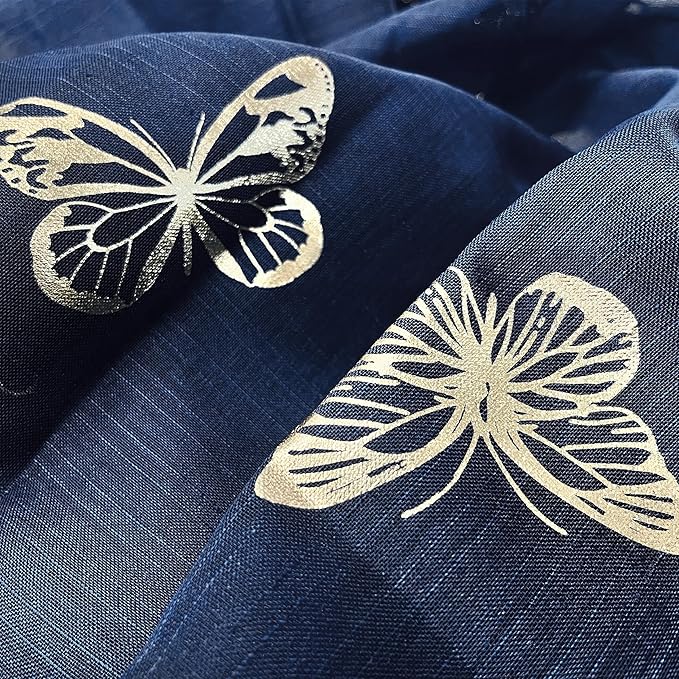 Jubilantex Butterfly Sheer Curtains Navy Blue Drapery with Gold Print Pattern 63 Inch Long, Kids Nursery Bedroom Voile Linen Textured Curtain Rod Pocket Window Drapes, 2 Panels