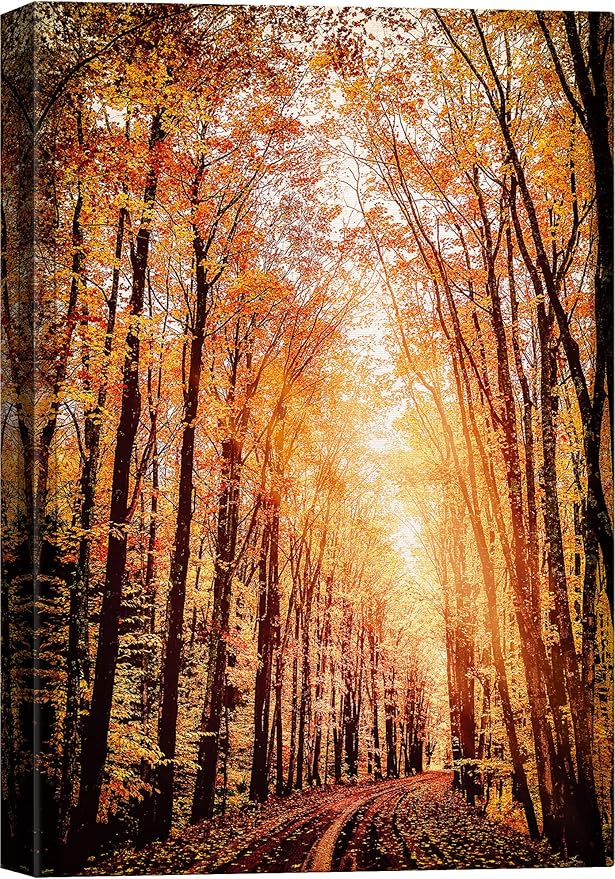 SIGNWIN Canvas Print Wall Art Rustic Trail Red Autumn Forest Nature Wilderness Photography Modern Art Farmhouse/Country Landscape Colorful Multicolor Ultra for Living Room, Bedroom, Office - 24x36