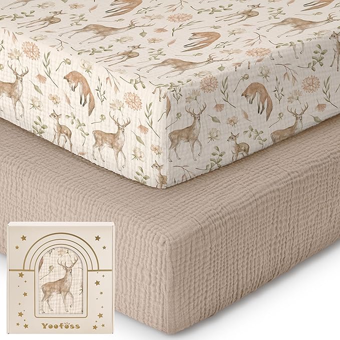 Yoofoss Muslin Crib Sheets for Boys Girls, Organic Baby Crib Sheets for Standard Crib Mattress & Toddler Mattress, Soft, Breathable, Durable 52"x28"