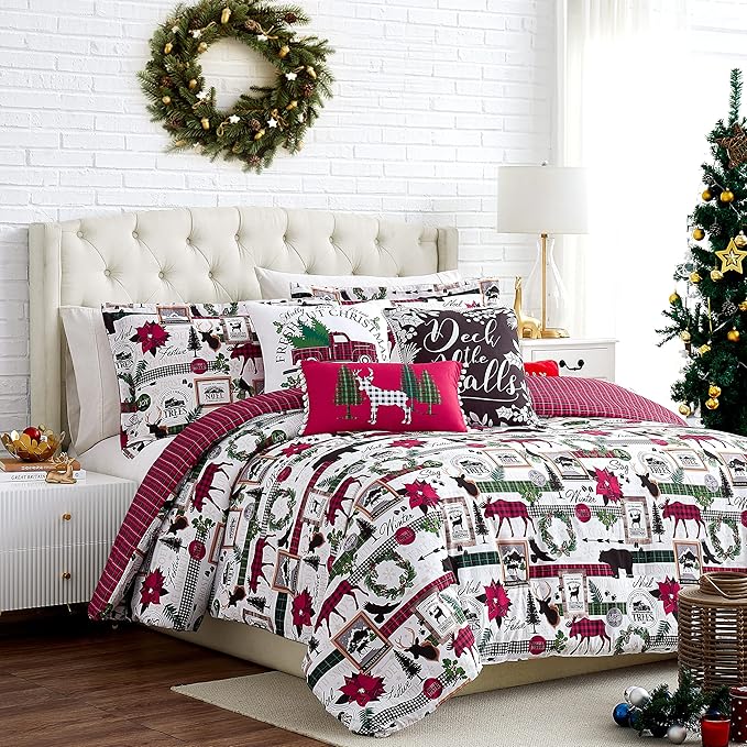 Southshore Fine Living, Inc. Merry Town Christmas Comforter Set, Queen/Full Size 6-Piece Christmas Bedding Set w/Shams & Throw Pillow; Reversible 2-Sided Red Plaid Comforter & Rustic Cabin Print