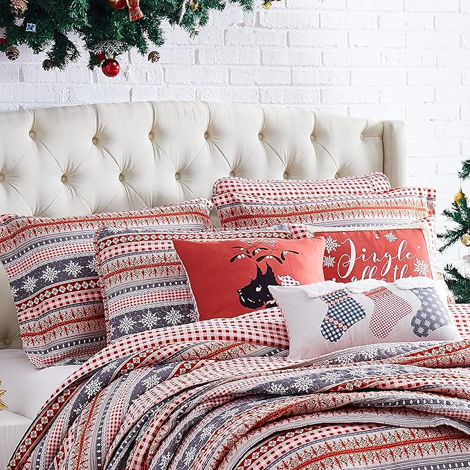 Southshore Fine Living, Inc. Christmas Comforter Set, Twin Size Holiday Bedding Set 5-Piece Cute & Cozy Comforter w/Throw Pillows & Shams, Twin/Twin XL Reversible Red Checkered Over Snowflake Print
